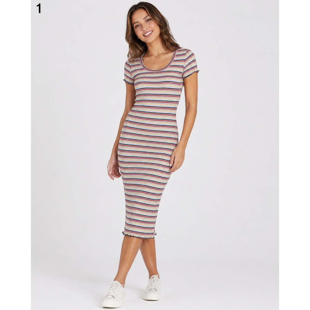 Sundry Bodycon Ribbed Dress Womens 1 S 4-6 White Stripe 100% Cotton